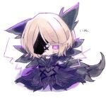  1girl animal_ears barbed_wire bdoqs blush chibi closed_mouth coat e.g.o_(project_moon) electricity faust_(project_moon) limbus_company looking_at_viewer project_moon purple_coat purple_eyes short_hair simple_background solo tail white_background white_hair wolf_ears wolf_tail 
