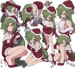  1girl alcohol anger_vein angry bare_legs bare_shoulders bent_over blush breasts champagne champagne_flute chibi christmas collarbone color_guide commentary_request covered_collarbone cup dress drinking_glass elbow_gloves embarrassed fallen_down flying_sweatdrops gloves green_hair groping hair_between_eyes hair_over_one_eye hair_tie_in_mouth hat high_heels holding holding_snowman holding_tray horns knee_up kneeling legs long_hair mouth_hold multiple_views musical_note no_halo open_mouth original ouroboros ouroboros-chan_(zizi_niisan) petite red_dress red_eyes red_footwear red_gloves red_headwear rubbing santa_costume santa_hat simple_background small_breasts snake sparkle spoken_emoji spoken_musical_note squatting sweatdrop thumbs_up translation_request tray very_long_hair white_background white_snake zizi_niisan 