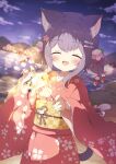  1girl animal_ears beach blurry blurry_background cat_ears cat_girl cat_tail commission green_eyes hair_ornament highres holding_fireworks japanese_clothes kimono original purple_hair red_kimono sash skeb_commission smile tail tyakomes 