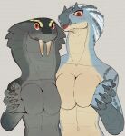anthro black_body blue_body blue_scales blush breasts capcom claws duo fanged_wyvern fangs featureless_breasts female girros great_girros hi_res looking_at_viewer mammal monster_hunter nude scales scalie tan_body tan_scales teeth tobi-kadachi tongue yolabayola1