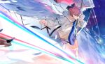  1girl angel_wings bass_guitar blue_sky bow highres hood hoodie idolmaster idolmaster_shiny_colors ikuta_haruki instrument jewelry necklace open_mouth pink_hair shooting_star skirt sky wings yellow_eyes zhili_xingzou 