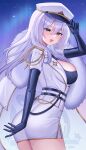  1girl absurdres aiguillette arkhangelsk_(azur_lane) aurora azur_lane black_bra black_gloves blush bra coat demcheg dress elbow_gloves fang fur-trimmed_coat fur_trim gloves hair_between_eyes hat highres lace-trimmed_bra lace_trim long_hair long_sleeves looking_at_viewer medal military_uniform night night_sky northern_parliament_(emblem) open_clothes open_dress open_mouth outdoors peaked_cap short_dress skin_fang sky smile solo star_(sky) starry_sky underwear uniform white_coat white_dress white_hair yellow_eyes 