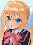 1girl :d black_jacket blonde_hair blue_eyes blush bow close-up commentary_request eyes_visible_through_hair hair_between_eyes hair_ribbon highres jacket light_blue_background little_busters! little_busters!_school_uniform long_hair looking_at_viewer open_mouth pink_bow ribbon school_uniform simple_background smile solo souyoru tokido_saya two_side_up white_ribbon 