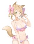  1girl animal_ears bare_shoulders bikini blonde_hair bow bow_bikini breasts cleavage closed_mouth collarbone cowboy_shot fox_ears fox_tail frilled_bikini frills green_eyes hair_bow navel noi_(nononoi339) original pink_bow purple_bikini solo swimsuit tail 