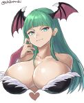  1girl bare_shoulders breasts chikoinochi cleavage closed_mouth green_hair head_wings highres large_breasts long_hair morrigan_aensland solo vampire_(game) wings 