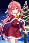  1girl ahoge alternate_costume animal_ears bow bowtie cape christmas_tree cowboy_shot crescent crescent_hair_ornament dress floppy_ears frilled_dress frills fur-trimmed_cape fur_trim hair_between_eyes hair_ornament highres kantai_collection kotou_yogen long_hair low-tied_long_hair night pink_hair rabbit_ears rabbit_hair_ornament railing red_cape red_dress red_eyes solo standing uzuki_(kancolle) yellow_bow yellow_bowtie 