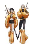  1boy 1girl alternate_costume black_hair boots chizuko_(chiduk0) commentary dual_persona genderswap genderswap_(mtf) hat jacket looking_at_another midriff navel one_piece short_hair shorts simple_background standing sword symbol-only_commentary tattoo trafalgar_law weapon white_background yellow_eyes 