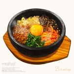  bibimbap bowl egg_(food) egg_yolk email_address food food_focus fried_egg haruna_macpro highres instagram_username no_humans original simple_background steam still_life tray twitter_username vegetable web_address white_background wooden_tray 