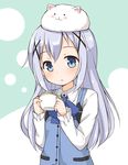  angora_rabbit animal blue_eyes blue_hair blush bunny cup customer_(carrack) frilled_sleeves frills gochuumon_wa_usagi_desu_ka? hair_ornament hairclip kafuu_chino long_hair looking_at_viewer on_head rabbit_house_uniform solo teacup tippy_(gochiusa) upper_body x_hair_ornament 