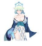  1girl absurdres animal_ears bare_shoulders blue_archive blue_eyes blue_halo blue_panties breasts cleavage closed_mouth collarbone commentary_request dami green_hair halo highres japanese_clothes kimono large_breasts looking_at_viewer obi official_alternate_costume panties sash shigure_(blue_archive) shigure_(hot_spring)_(blue_archive) short_hair simple_background smile solo standing tail thighs underwear white_background white_kimono 