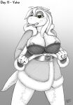 2015 anthro big_breasts bra breasts christmas christmas_clothing cleavage clothed clothing drxii female green_eyes hand_tattoo hi_res holidays nushi part_of_set scalie solo tattoo traditional_media_(artwork) underwear undressing yuke_(drxii)