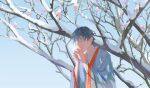  1boy bare_tree blue_hair blue_kimono blue_sky blue_sleeves breath bud clip_studio_paint_(medium) commentary commission day english_commentary flower japanese_clothes kimono kuwagatata long_sleeves looking_at_hand male_focus original outdoors own_hands_clasped own_hands_together parted_lips pink_flower short_hair sky snow solo tree upper_body wide_sleeves winter yellow_eyes 