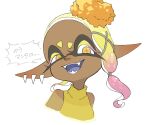  1girl :d asymmetrical_hair blonde_hair blue_tongue colored_eyelashes colored_tongue cross-shaped_pupils dark-skinned_female dark_skin earrings fangs food food_on_head forehead frye_(splatoon) gradient_hair jewelry long_hair long_pointy_ears multicolored_hair multiple_earrings object_on_head open_mouth pink_hair pointy_ears see-through short_eyebrows simple_background sleeveless smile solo splatoon_(series) splatoon_3 symbol-shaped_pupils teeth tempura tentacle_hair teo_(teorekka) tooth_earrings two-tone_hair uneven_eyes upper_body white_background yellow_eyes yellow_pupils 