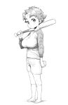  1girl ball baseball_bat breasts dated full_body hatching_(texture) highres holding holding_ball holding_baseball_bat large_breasts monochrome oppai_loli original sanemichi_hajime shirt short_hair shorts socks solo standing thick_eyebrows tomboy twitter_username 