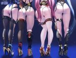  4girls ass asymmetrical_legwear black_footwear black_thighhighs blue_background boots genshin_impact hanya_(honkai:_star_rail) high_heel_boots high_heels highres honkai:_star_rail honkai_(series) long_hair lower_body lunart multiple_girls pink_hair red_footwear side-by-side standing thigh_gap thighhighs topaz_(honkai:_star_rail) very_long_hair white_thighhighs yae_miko yelan_(genshin_impact) 