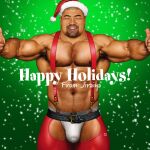  1boy abs arm_hair asian bara belt bulge chest_hair christmas clothing_cutout covered_penis crotchless crotchless_pants dark-skinned_male dark_skin double_thumbs_up facial_hair goatee hairy hand_hair happy_holidays hat jiraiya_(mangaka) large_pectorals male_focus mature_male muscular muscular_male navel navel_hair nipple_hair nipples original outstretched_arms pants pectorals realistic red_headwear santa_costume santa_hat solo stomach strongman_waist thick_eyebrows thick_neck thick_thighs thigh_cutout thighs thumbs_up topless_male 