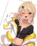  1girl ;p belt black_belt black_shirt blonde_hair blush braid breasts cleavage crop_top dark-skinned_female dark_skin ear_piercing french_braid highres jacket jewelry jiino kaminari_qpi kaminari_qpi_(2nd_costume) lightning_bolt_piercing long_hair looking_at_viewer midriff navel necklace one_eye_closed open_clothes open_jacket open_mouth orange_nails partially_unzipped piercing shirt short_sleeves sleeves_past_wrists solo swept_bangs tongue tongue_out tooth_necklace v_over_eye virtual_youtuber vspo! white_jacket yellow_jacket zipper zipper_pull_tab 