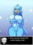 anthro avian beak big_breasts bird blush bodily_fluids breasts covering covering_self exhibitionism feathers female hi_res huge_breasts hyper hyper_breasts larikane martlet_(undertale_yellow) neck_tuft nude solo sweat sweatdrop thick_thighs tuft undertale undertale_(series) undertale_yellow