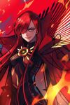  1girl black_bodysuit bodysuit cape chain collared_cape cowboy_shot family_crest fate/grand_order fate_(series) fire hair_over_one_eye highres looking_at_viewer medallion oda_nobunaga_(fate) oda_nobunaga_(maou_avenger)_(fate) oda_uri popped_collar red_cape red_eyes red_hair red_theme sempon_(doppio_note) solo tight_top 