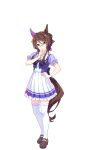  animal_ears breasts brown_hair closed_mouth full_body glasses hair_between_eyes hair_bun hair_ornament highres horse_ears horse_girl horse_tail looking_at_viewer medium_breasts official_art red_eyes ribbon royce_and_royce_(umamusume) school_uniform standing tail thighhighs tracen_school_uniform transparent_background umamusume 