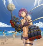  3girls abs bikini blue_eyes breasts caitlyn_(league_of_legends) cleavage earrings front-tie_top hat highres jewelry jinx_(league_of_legends) large_breasts league_of_legends multiple_girls navel parted_lips skirt smile swimsuit vi_(league_of_legends) 