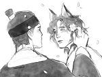  2boys age_difference animal_ears back beyond_evil black_hair couple falling_petals flower fox_boy fox_ears fox_tail gat_(korean_traditional_hat) greyscale hair_flower hair_ornament han_joowon_(beyond_evil) hanbok highres kemonomimi_mode kitsune korean_clothes korean_traditional_hat lee_dongsik_(beyond_evil) looking_at_another male_focus mature_male monochrome multiple_boys petals shhhsoftnwet short_hair simple_background tail upper_body wavy_hair white_background yaoi 