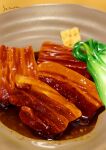  blurry blurry_background bok_choy food food_focus meat no_humans original plate pork_belly sauce sechura still_life vegetable yellow_background 