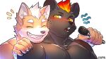  2boys animal_ears artist_name artist_self-insert blush caturkey123 caturkey_(vtuber) chinese_commentary claws closed_eyes dated dog_boy dog_ears furry furry_male hand_on_another&#039;s_shoulder head_on_another&#039;s_shoulder holding holding_microphone hyena_boy hyena_ears indie_virtual_youtuber looking_at_another male_focus microphone multiple_boys smile sweatdrop upper_body watagumo white_background 