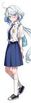  1girl absurdres ahoge alternate_costume aqua_hair arms_behind_back backpack bag belt blue_bag blue_eyes blue_hair blue_necktie blue_skirt bracelet breast_pocket character_name collared_shirt commentary drop-shaped_pupils full_body furina_(genshin_impact) genshin_impact hair_between_eyes head_tilt heterochromia highres indonesia indonesian_flag indonesian_middle_school_uniform jewelry long_hair looking_at_viewer low_twintails mismatched_pupils multicolored_hair multiple_views name_tag necktie pleated_skirt pocket school_uniform selfie shirt shoes short_sleeves sidelocks skirt sneakers solo streaked_hair sweat symbol-only_commentary symbol-shaped_pupils twintails two-tone_hair wavy_hair white_background white_shirt yaruwashi 