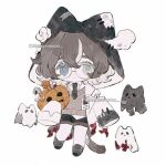  1girl animal_ears asymmetrical_sleeves black_footwear black_hood black_shorts blood blood_stain blue_eyes brown_hair brown_vest bucket buttons candy cat cat_ears cat_girl cat_tail chibi coat coattails collared_coat collared_shirt colored_eyelashes commentary ear_covers flower food ghost glasses grey_socks halloween halloween_bucket hat hat_flower holding holding_bucket jack-o&#039;-lantern lab_coat lollipop long_sleeves lowres memuro mismatched_sleeves multicolored_hair name_tag open_clothes open_coat original patch rose round_eyewear shirt shoes short_hair shorts simple_background sleeves_past_fingers sleeves_past_wrists socks solo streaked_hair sweater_vest symbol-only_commentary tail torn_clothes torn_coat twitter_username two-sided_hood two-tone_hair vest white_background white_coat white_flower white_hair white_hood white_rose white_shirt 