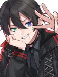  1boy black_hair blue_eyes choker collared_shirt green_eyes grin hand_on_own_cheek hand_on_own_face head_rest heterochromia highres hypnosis_mic jacket kishinaito long_sleeves looking_at_viewer male_focus mole mole_under_eye mole_under_mouth multicolored_hair necktie red_hair shirt short_hair smile solo upper_body v-shaped_eyebrows w yamada_saburo 