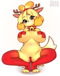 animal_crossing anthro bell big_breasts blonde_hair bow_tie breasts canid canine canis clothing crouching domestic_dog fake_antlers female front_view fur hair hi_res isabelle_(animal_crossing) jingle_bell legwear looking_at_viewer mammal nintendo pasties pussy_tape red_clothing red_legwear red_stockings shih_tzu simple_background smile solo stockings tail tealsick thigh_highs toy_dog white_background yellow_body yellow_fur