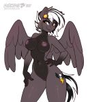 2023 absurd_res anthro areola black_body black_fur black_highlights breasts brown_body collarbone cutie_mark dandy_(artist) equid equine eyebrow_through_hair eyebrows eyelashes fan_character feathered_wings feathers female fur genitals glistening gloves_(marking) hair hand_on_hip hasbro hi_res highlights_(coloring) innie_pussy looking_at_viewer mammal markings my_little_pony navel nipples nude pegasus pussy short_hair smile solo translucent translucent_hair white_hair wings yellow_eyes