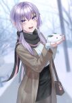  1girl absurdres bag bag_charm bare_tree blurry blurry_background blush charm_(object) coat highres holding long_sleeves looking_at_viewer nil_(pixiv_53614557) open_mouth outdoors pantyhose purple_eyes purple_hair scarf shirt_tucked_in short_hair_with_long_locks shoulder_bag skirt sleeves_past_wrists smile snow snow_rabbit snowing solo tree vocaloid voiceroid yuzuki_yukari 