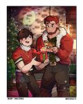  2boys bara beard blush box christmas christmas_tree couple facial_hair feet_out_of_frame full_beard fur_trim gift gift_box height_difference highres indoors male_focus multiple_boys muscular muscular_male original red_hair revereets short_hair smile standing thick_eyebrows uneven_eyes yaoi 