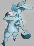 2022 anthro anthrofied artform42nd big_breasts big_butt black_nose black_sclera blue_body blue_fur blue_inner_ear_fluff bodily_fluids breasts butt digital_media_(artwork) dipstick_tail eeveelution feet female fingers fur generation_4_pokemon glaceon gloves_(marking) grey_background hand_on_hip hand_on_own_hip holding_object inner_ear_fluff leg_markings looking_at_viewer looking_back looking_back_at_viewer markings multicolored_body multicolored_fur nintendo nude pokemon pokemon_(species) pokemorph simple_background socks_(marking) solo standing steam sweat tail tail_markings thick_thighs tuft two_tone_body two_tone_fur white_eyes