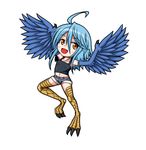  :d ahoge aoba_kino blue_hair blue_wings breasts chibi feathered_wings feathers full_body harpy monster_girl monster_musume_no_iru_nichijou navel open_mouth orange_eyes papi_(monster_musume) short_shorts shorts simple_background small_breasts smile solo talons white_background wings 