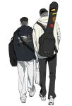  2boys back back_focus black_bag black_eyes black_hair brown_eyes brown_hair buzz_cut full_body guitar_case hood hoodie instrument_case male_focus miyagi_ryouta multiple_boys oil54341181 pants sawakita_eiji shoes short_hair simple_background slam_dunk_(series) sneakers undercut very_short_hair walking wavy_hair white_background 