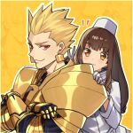  1boy 1girl aoten_(aoiroarekore) armor blonde_hair blush brown_eyes brown_hair coat commentary_request crossed_arms earrings fate/extra fate/extra_ccc fate_(series) gilgamesh_(fate) gloves gold_armor highres jewelry kishinami_hakuno_(female) long_hair looking_at_viewer red_eyes smile upper_body v white_coat white_gloves white_headwear yellow_background 