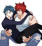  2boys aphelios carrying couple denim eye_contact feet_out_of_frame highres jeans league_of_legends looking_at_another male_focus multiple_boys muscular muscular_male pants pectorals princess_carry red_hair scar sett_(league_of_legends) short_hair smile tank_top thick_eyebrows torn_clothes torn_jeans torn_pants white_tank_top yaoi yotti 