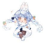  1girl animal_ears arm_up black_gloves black_leotard boots brown_pantyhose carrot chibi coat gloves hololive leotard mafuin_da open_mouth orange_hair pantyhose rabbit_ears simple_background solo usada_pekora virtual_youtuber white_background white_coat white_footwear 