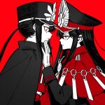  1boy 1girl black_hair brother_and_sister cape facing_another family_crest fate/grand_order fate_(series) hands_on_another&#039;s_face hat highres medallion military_hat oda_nobukatsu_(fate) oda_nobunaga_(fate) oda_uri otoko_no_ko peaked_cap ponytail red_background red_cape red_eyes sempon_(doppio_note) siblings sidelocks simple_background 