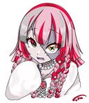  braid colored_skin dress fang grey_skin highres hololive hololive_indonesia jewelry kureiji_ollie looking_at_viewer mismatched_pupils necklace open_mouth patchwork_skin red_hair sea_(twitter_artist) signature simple_background twin_braids white_background white_dress 