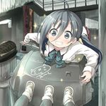  ahoge cannon commentary darkside grey_eyes grey_hair kantai_collection kiyoshimo_(kantai_collection) long_hair machinery school_uniform smile solo sparkle turret 