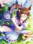  2girls absurdres animal_ears bird blurry blurry_foreground blush book breasts brown_hair closed_eyes closed_mouth ear_covers glass grass hair_between_eyes hair_ornament highres holding holding_leaf holding_tablet_pc horse_ears horse_girl horse_tail instrument leaf medium_breasts medium_hair multiple_girls ocarina official_art royce_and_royce_(umamusume) school_uniform single_ear_cover smile sounds_of_earth_(umamusume) tablet_pc tail thighhighs tracen_school_uniform umamusume 
