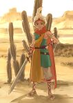  1boy armlet belt brown_belt cactus closed_mouth desert dragon_quest dragon_quest_xi faris_(dq11) full_body hand_on_own_hip hat_feather holding holding_sword holding_weapon looking_at_viewer male_focus orange_scarf pants sandals scarf serori_(koredemoka) short_hair smile solo sword weapon white_headwear white_pants 