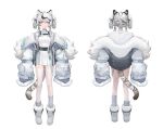  1girl absurdres animal_ears belt blue_eyes blue_socks coat fur_trim grey_footwear highres indie_virtual_youtuber moofie_(vtuber) multicolored_hair multiple_belts multiple_views reference_sheet socks streaked_hair vexxxxa white_hair 