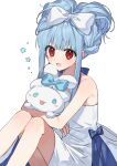  1girl absurdres blue_bow blue_hair bow bow-shaped_hair cinnamoroll dress fujo0t4ku hair_bow highres long_hair looking_at_viewer open_mouth red_eyes sanrio smile solo ushirono_natsu white_bow white_dress zeno_(game) 