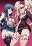  2girls black_panties black_shirt black_thighhighs blue_eyes blue_hair blue_sailor_collar bow bowtie breasts closed_mouth clothes_lift collarbone cosplay danganronpa:_trigger_happy_havoc danganronpa_(series) enoshima_junko enoshima_junko_(cosplay) freckles gradient_background hair_bow hair_ornament hairclip ikusaba_mukuro long_hair maizono_sayaka medium_breasts multiple_girls necktie panties pink_background pink_bow pink_bowtie plaid plaid_skirt pleated_skirt rabbit_hair_ornament red_skirt sailor_collar shirt skirt skirt_lift small_breasts smile thighhighs translation_request twintails underwear white_panties yosida_komati 