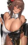  1girl absurdres bare_shoulders black_kimono blush breasts brown_hair cleavage dark-skinned_female dark_skin goddess_of_victory:_nikke heart heart_tattoo highres japanese_clothes kimono kurone_rinka large_breasts leg_tattoo medium_hair noir_(black_rabbit)_(nikke) noir_(nikke) official_alternate_costume one_eye_closed open_mouth sidelocks simple_background solo sweat tattoo teeth thighs upper_teeth_only white_background yellow_eyes 